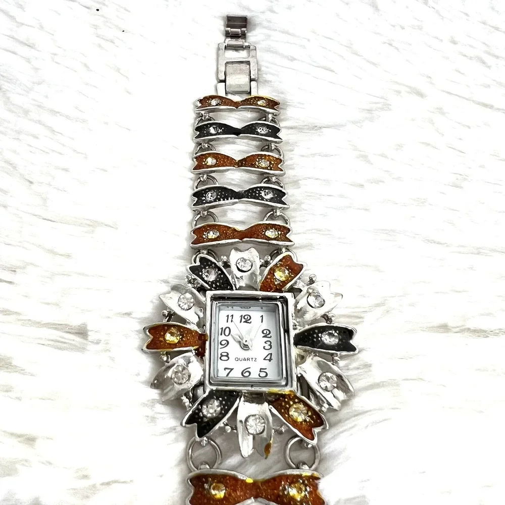 Women's Watch Floral‎ Brown/Black Silver Tone Bracelet Wristwatch 6.5 in